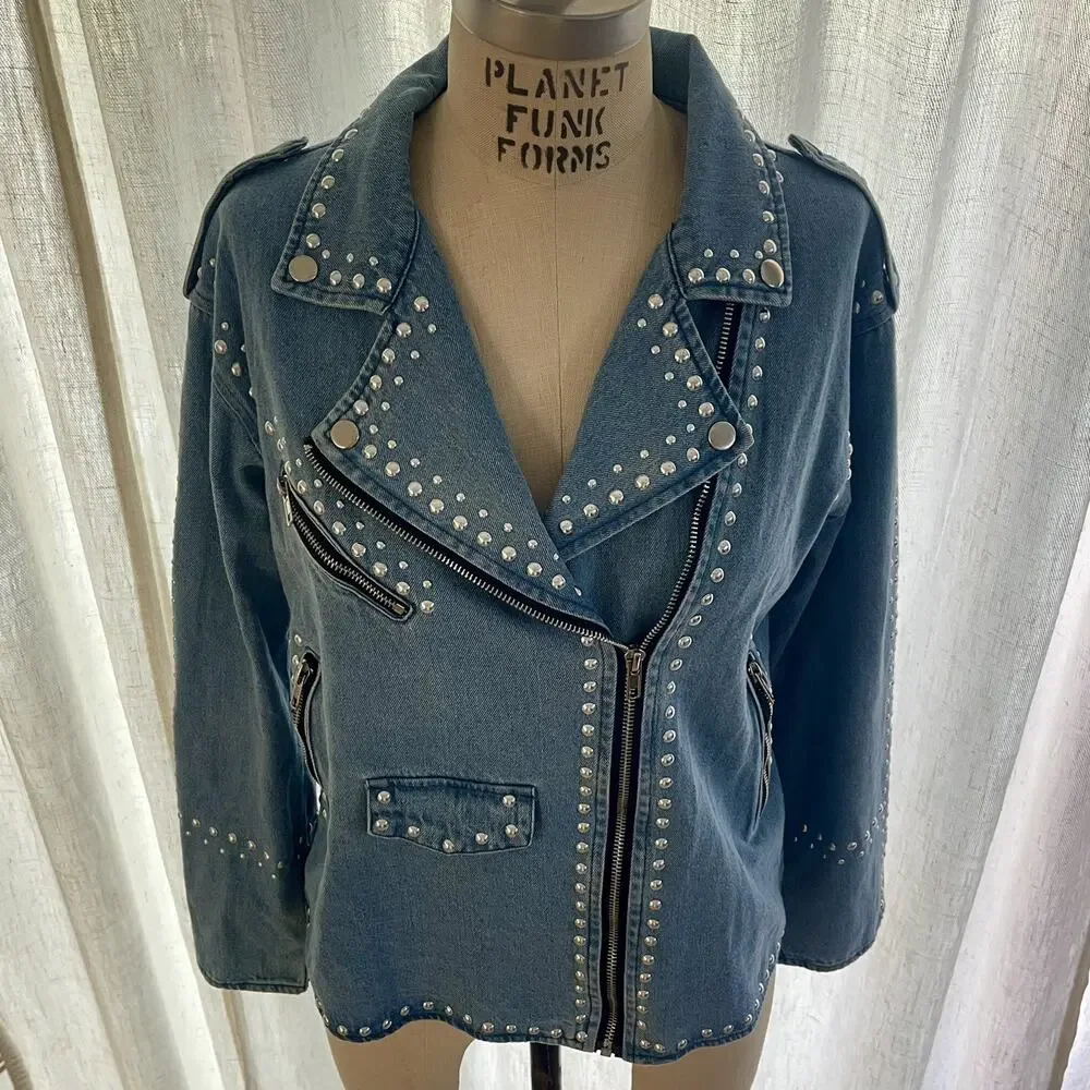 Cezele Studded Womens Denim Moto Jacket Large w/Tags Blue Western NWT - Picture 3 of 10